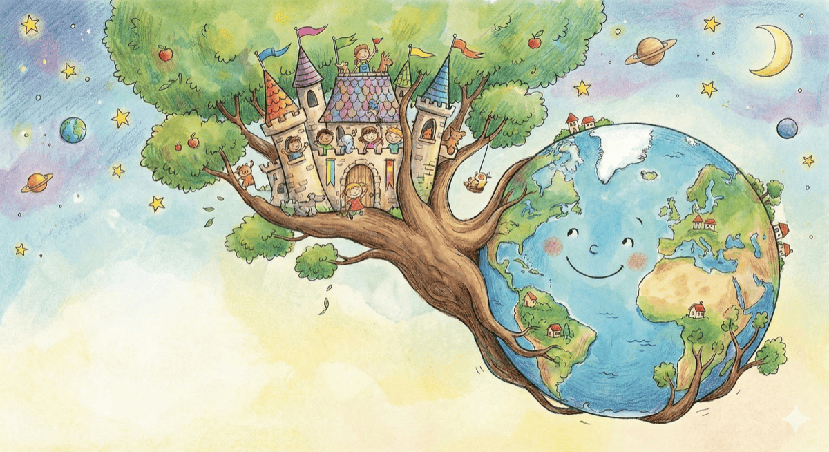 A castle-treehouse growing out of the world